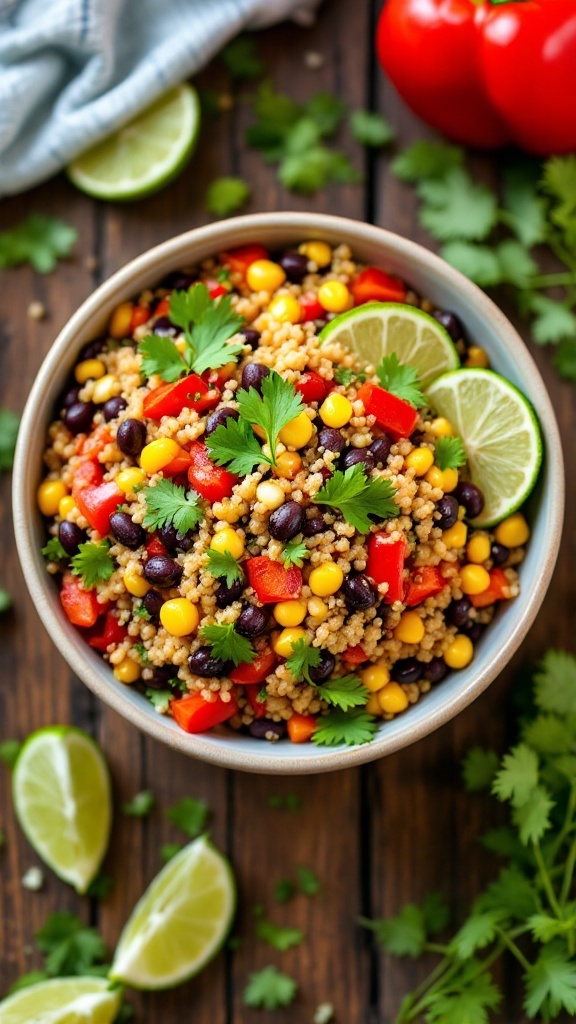 A nutritious bowl of quinoa with black beans, bell peppers, and corn, garnished with cilantro and lime on a wooden table.